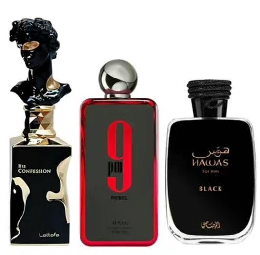 LATTAFA HAWAS BLACK + 9PM REBEL + HIS CONFESSION