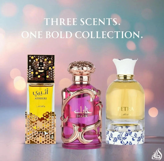 ATHEERI, HABIK FOR WOMEN & PETRA EDP SPRAY 100 ML BY LATTAFA (BUNDLE)